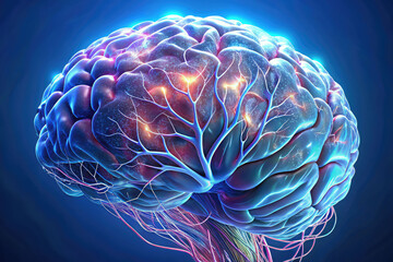 Obraz premium A vibrant human brain illuminated with colorful neural pathways symbolizing thought processes and connections