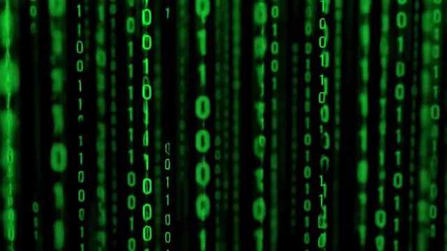 Falling Green Binary Code Numbers Over Dark Background