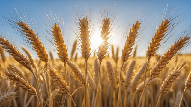 Field of grain crops with wheat spikes illuminated by sunlight. Agriculture and agronomy concept. Vertical shot.