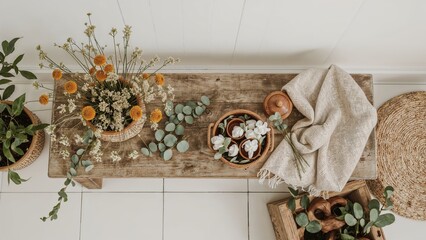 Scandinavian-style room details featuring a reclaimed wooden bench with spring decor, viewed from above