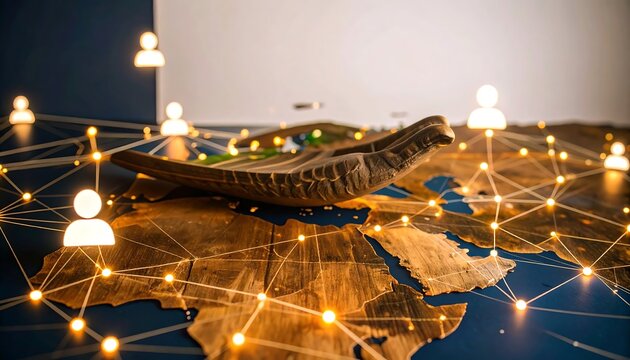 A wooden object rests on a world map, surrounded by glowing connections representing people