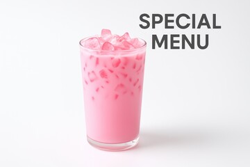 Unique menu item showcasing iced pink milk against a plain beverage backdrop