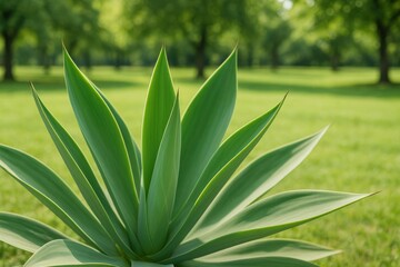Obraz premium Green agave plant leaves lying on the park ground