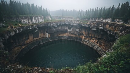 Void and submerged lake situated in an unused marble excavation area