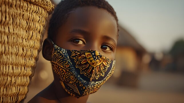 Young black boy wearing a colorful mask outdoors in village setting  