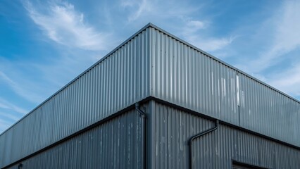 Obraz premium Metal Standing Seam Cladding on Upper Level of Contemporary Home Featuring Grey Tiled Roofing, Drainpipe, and Gutter System