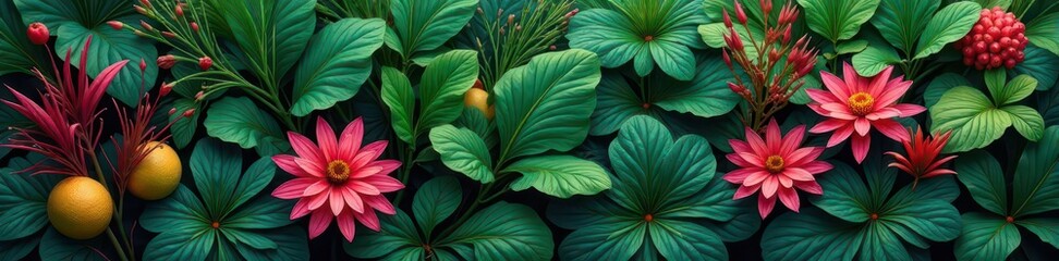 Obraz premium Dense tropical bush, abundant floral detail, rich color , jungle, outdoor, plant