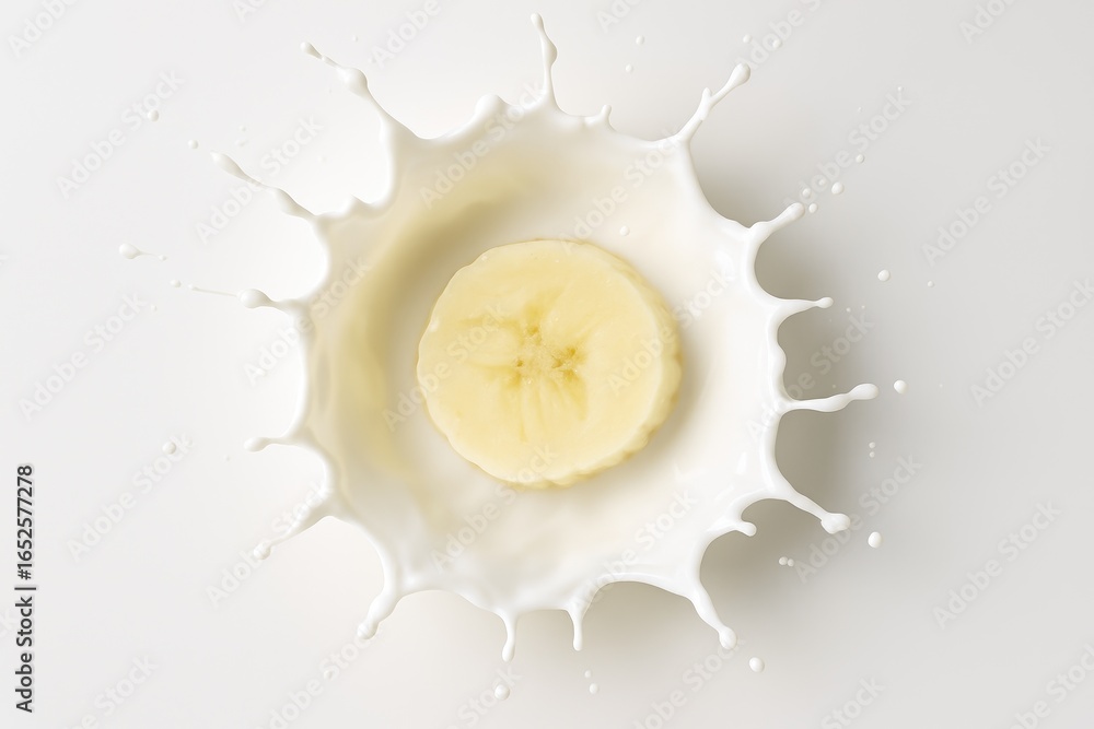 Poster milk splashing with a banana segment
