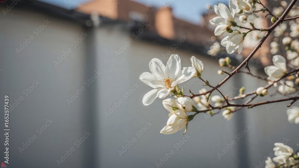 Poster springtime brings a stunning magnolia bloom set before architectural structures, captured in vertica