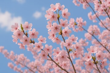 Blossoming pink cherry trees in spring under a blue sky