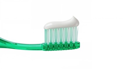 Detailed side perspective of a green plastic toothbrush featuring mint herbal toothpaste on a white backdrop with clipping path, focusing on personal hygiene.
