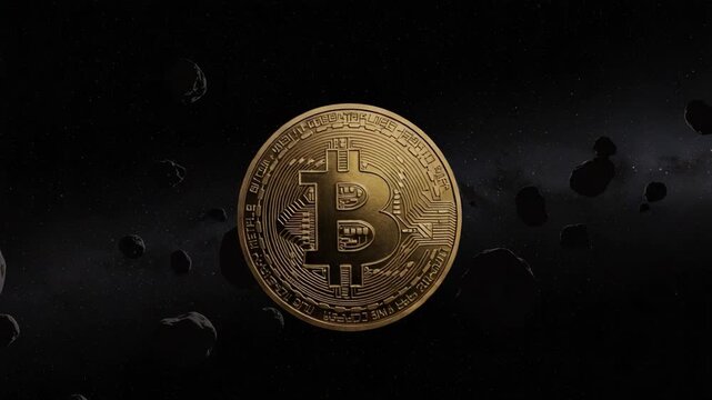 A Glimmering Bitcoin Coin Surrounded by Asteroids in the Infinite Space of Cryptocurrency and Blockchain Innovation
