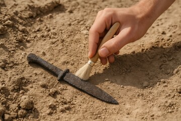 Archaeologists uncovering a prehistoric knife during excavation work