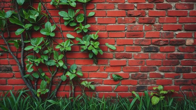 A lush growth on the scarlet brick wall exemplifies striking contrast.