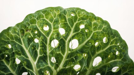 Grass shoots breaking through cabbage leaf perforations