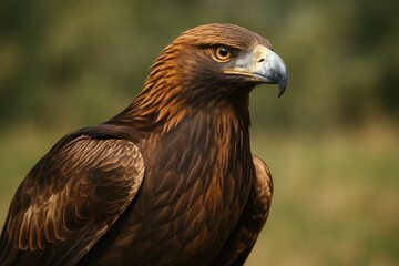 Obraz premium A regal golden eagle stands tall with commanding presence, prepared to strike.
