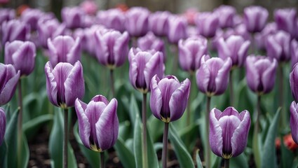 Fototapeta premium Urban garden highlight: detailed view of purple tulips signaling spring
