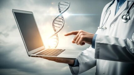 Doctor holding laptop with dna strand hovering above keyboard in a medical technology concept - Powered by Adobe