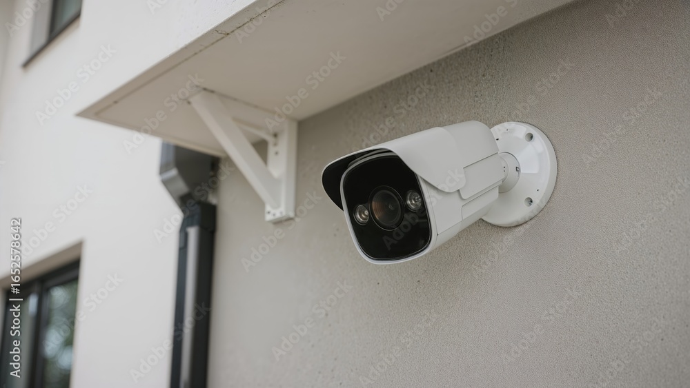 Poster ip cctv-enabled waterproof security camera installed on the outside of a stylish home, designed for 