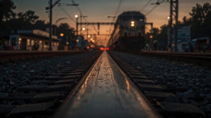 Fototapeta premium A lengthy train rolling through twilight