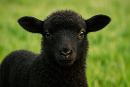 Detailed view of a dark sheep's facial features