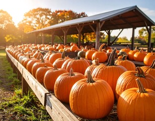 A vibrant display of pumpkins at a farm, perfect for autumn and thanksgiving seasons