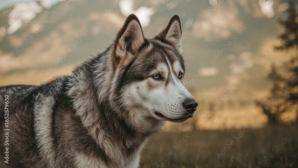 Poster blurry background with a husky showing a curious expression