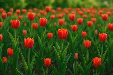Fototapeta premium Colorful tulips blooming in a lush spring garden