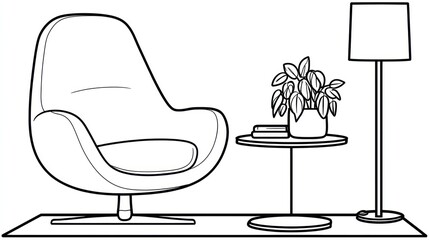 Outlined armchair, side table, and lamp.  Simple, modern living room scene
