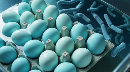 Fototapeta premium Contaminated eggs concept ,Fresh blue eggs in carton surrounded by bacteria in water tank, showcasing unique contrast