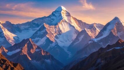 Fototapeta premium Breathtaking scene of rugged mountain ranges featuring a distant view of the iconic summit in the Himalayan area