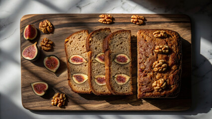 Gluten free concept ,Freshly baked gluten free fig and walnut bread sliced, showcasing moody light