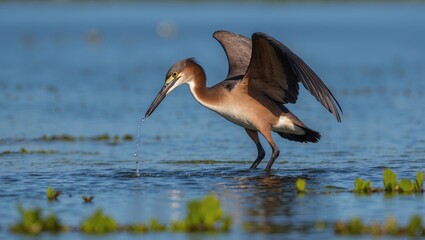Wild Anhinga species engaging in fishing behavior in a scenic outdoor area