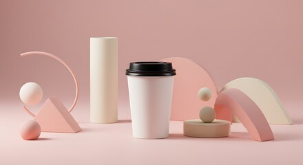 Coffee Cup Surrounded by Abstract Shapes in a Minimalist Design Setup