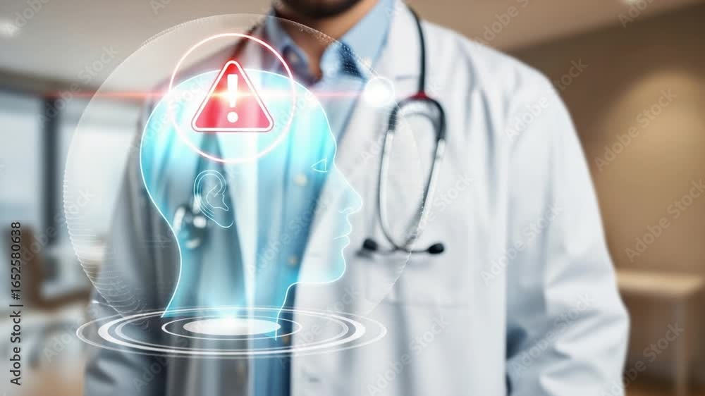 Poster doctor interacting with digital brain interface showing warning sign and neurological issues concept