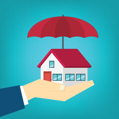 House under red umbrella on a human hand. Property insurance concept. Protection from disaster. Home security, safety, secure investment, repair coverage.