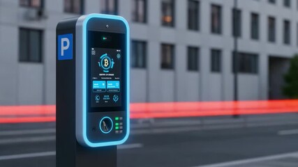 Innovative Smart Parking Meter for Digital Currency Payments Showcased in Urban Environment with Futuristic Design and Efficient User Interface - Powered by Adobe