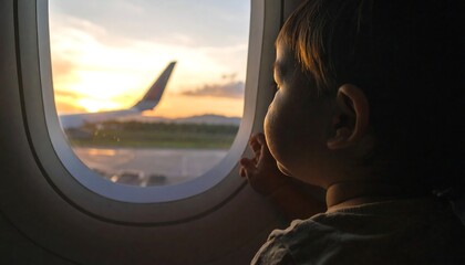 Toddler Gazing Out Airplane Window at Sunset on Airport Tarmac