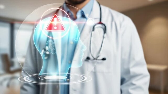 Doctor interacting with digital brain interface showing warning sign and neurological issues concept