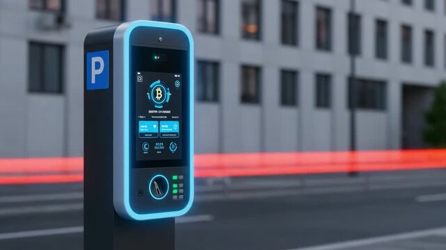 Innovative Smart Parking Meter for Digital Currency Payments Showcased in Urban Environment with Futuristic Design and Efficient User Interface