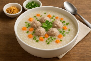 Warm Thai-style rice porridge featuring pork and carrots
