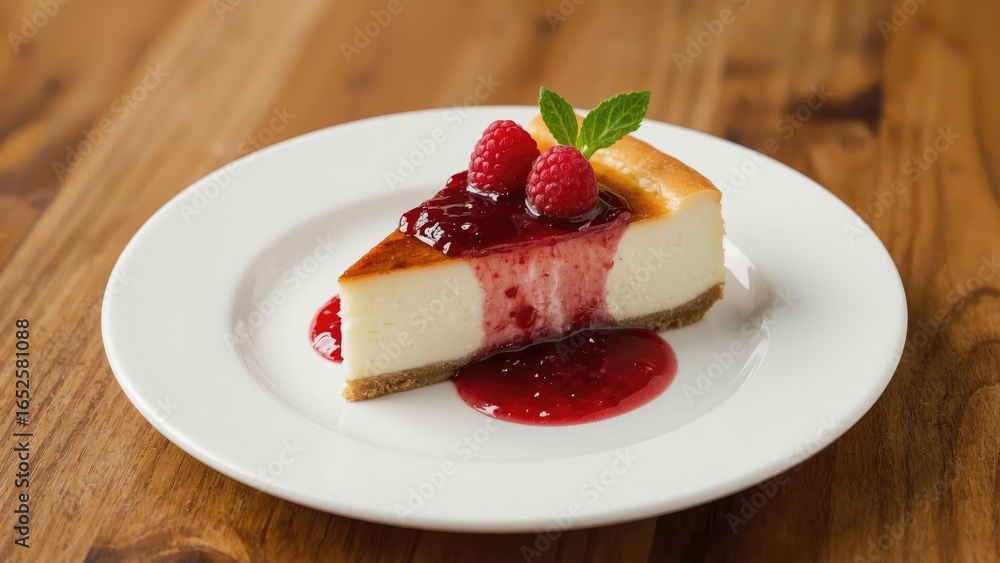 Poster a scrumptious cheesecake portion adorned with raspberries and sweet raspberry glaze served on a whit