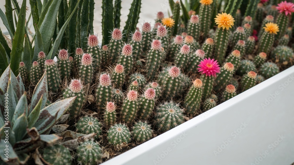 Poster brightly colored cacti featuring distinctive forms and feather-inspired elements in a white containe