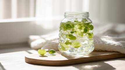 リネンの背景と日光に照らされた水差し