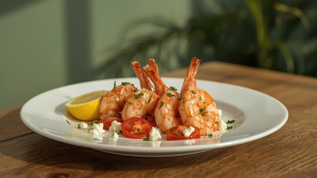 Delicious shrimp paired with ripe tomatoes and feta, captured in a close-up on a dining table