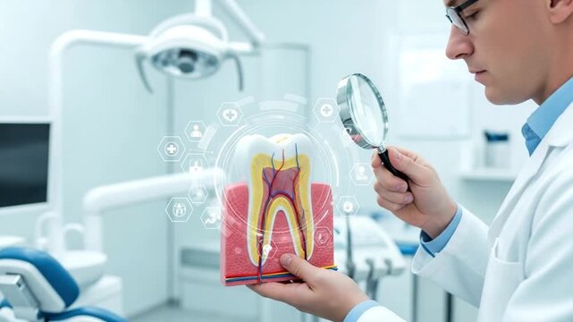 Dentist examining tooth model with magnifying glass in dental office setting for oral healthcare