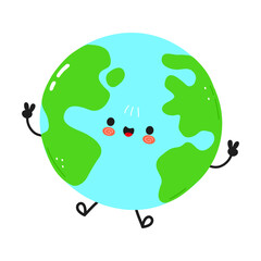 A happy Earth cartoon character giving a peace sign and a big smile.