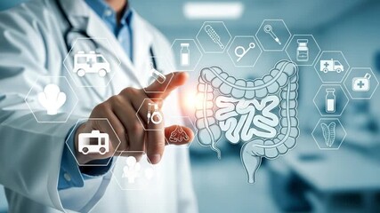 Doctor interacting with digital illustration of colon and medical icons on a virtual interface - Powered by Adobe