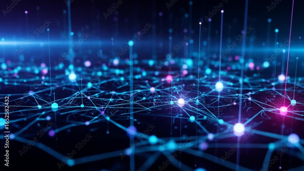 Poster connecting data points forming abstract network in blue tones