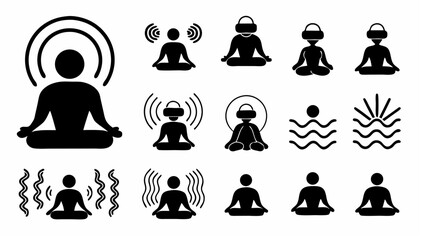 Collection of stylized black and white meditation and vr headset icons in various poses and designs |  editable eps vectors silhouette